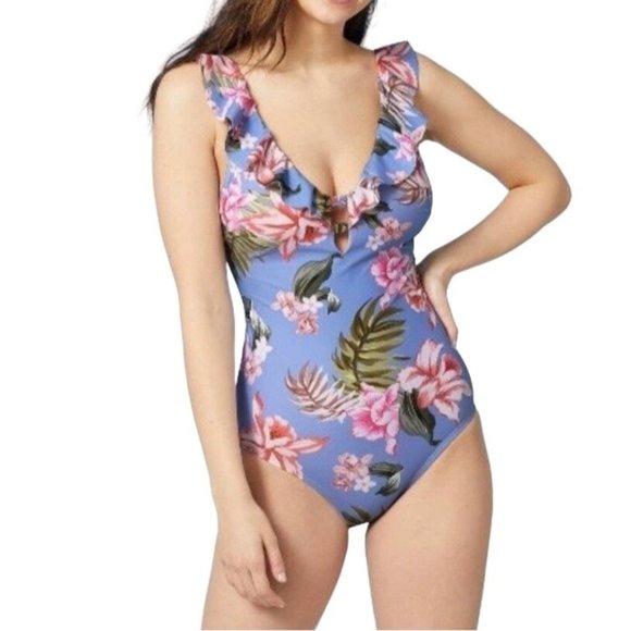 Kona Sol One Piece Blue Tropical Print Ruffle Neck High Coverage Swim Suit S M - Picture 1 of 10